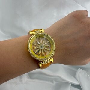Women’s Gold Rhinestone Dress Watch with Sunburst Dial
